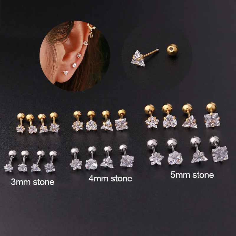 Trendy Jewelry Stainless Steel Piercing Earring Mini Heart Triangle Square Zirconia Stud Earrings for Women
