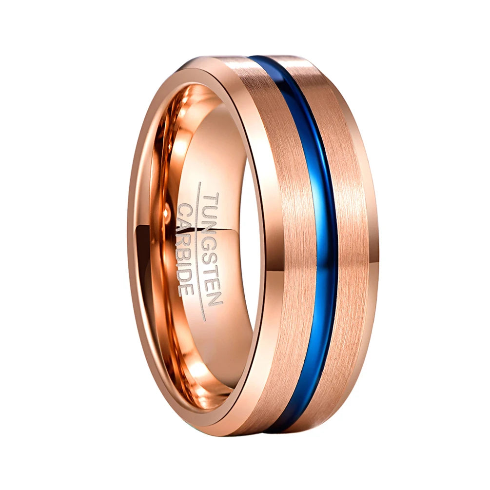 Wholesale 8MM Width Classic Tungsten Ring Rose Gold and Blue Groove Beveled for Couples Gold Plated with Competitive Low Price