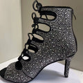 Women Black Rhinestone Bachatas Ballroom Latin Dance Boots Lace up Open Toe with 7cm 8.5cm 9.5cm 10cm Heel Dance Shoes