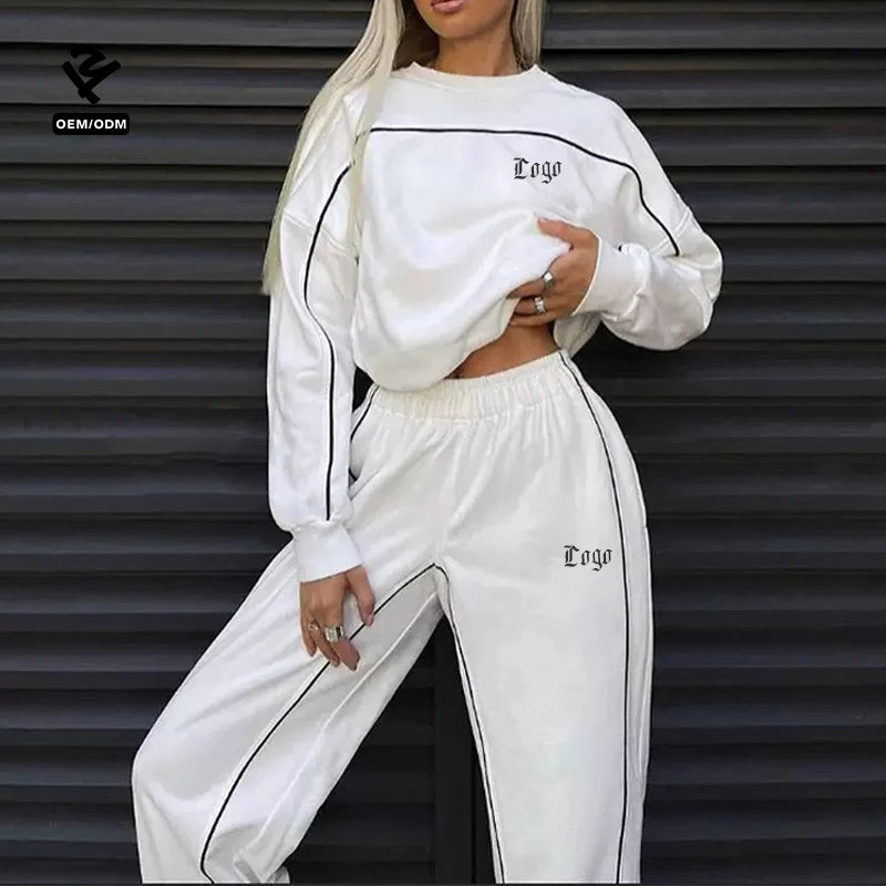 F5176 Clothing Manufacturers Custom Two Piece Set Women Clothing Sports Wear Sweatshirt and Jogger Set With Stripe Tracksuit