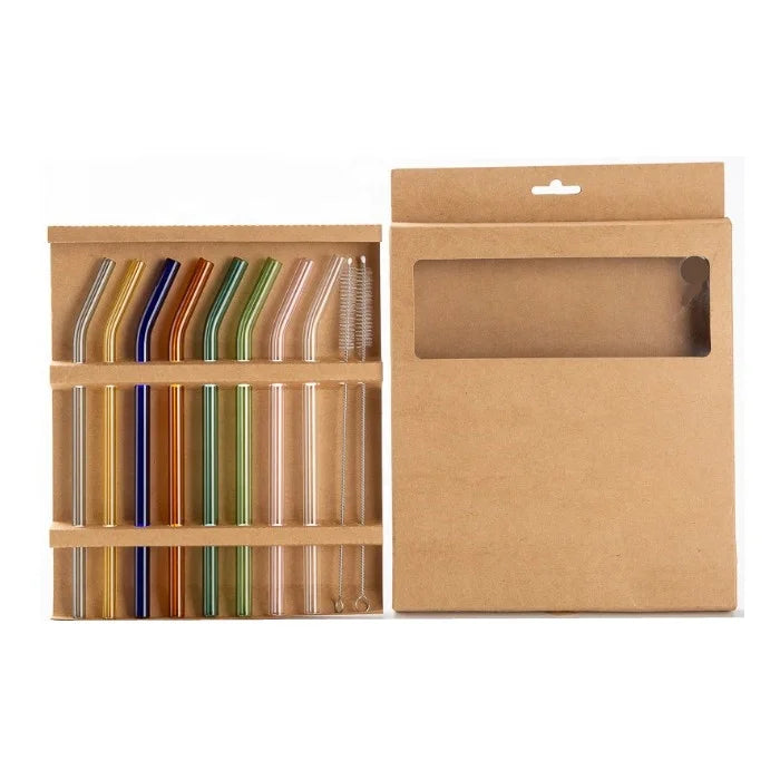 Multy Color Glass Drinking Straw Set of 2/3/4/5/8 with Cleaning Brush and Custom Box