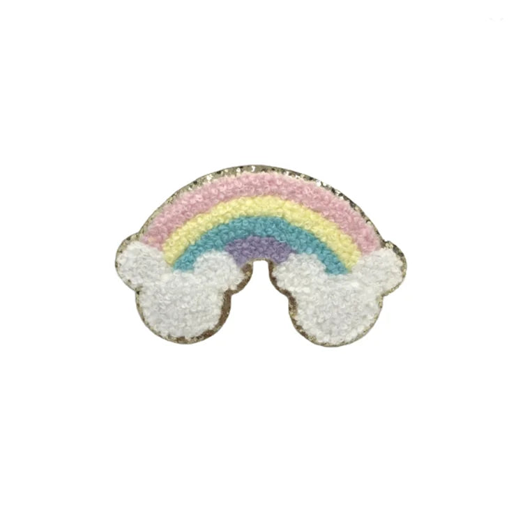 Wholesale Gold Glitter Iron on Self-Adhesive Embroidery Chenille Rainbow Patches for DIY Accessories Clothing