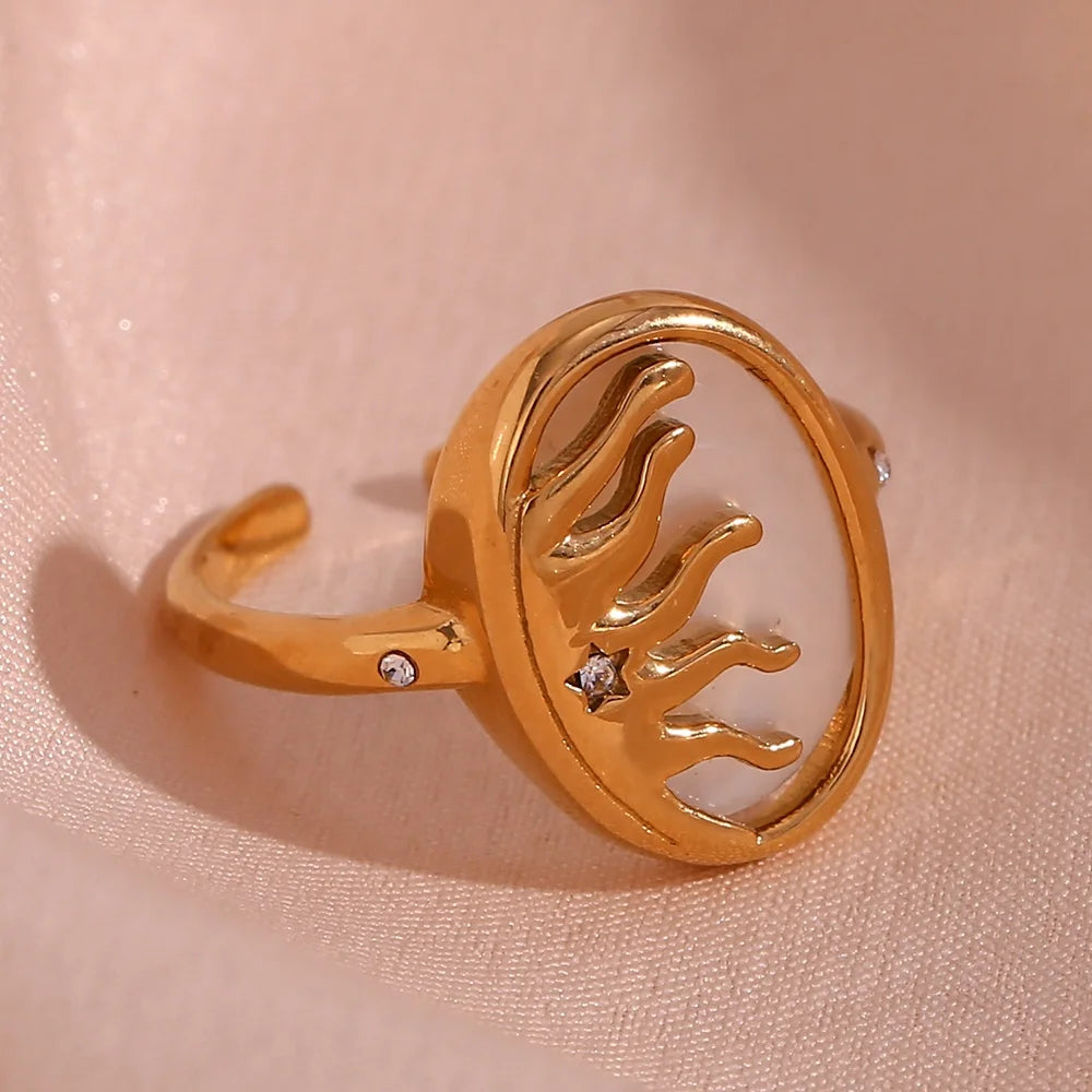 New Design Oval Shell Ring Engraved Sun Star Signet Ring 18K Gold Plated Stainless Steel Jewelry