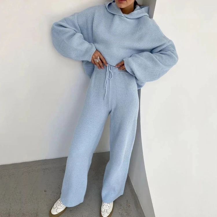 Enyami Wholesale Casual Knitted 2 Pcs Womens Hoodies and Sweat Pants Mastching Set Loose Sweatsuit Ladies Workout Set