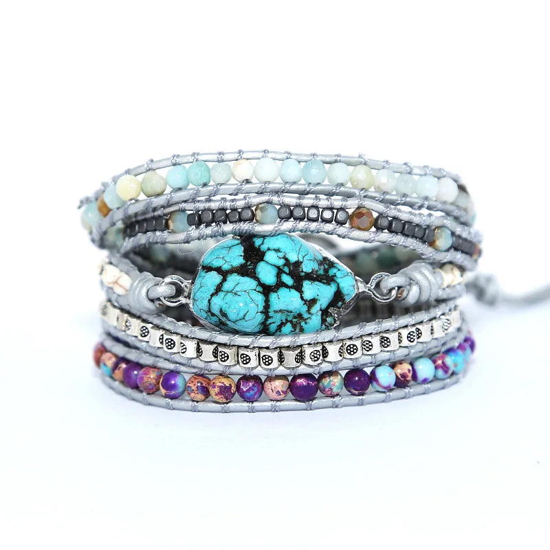 Women Beaded Bracelet Handmade Mixed Turquoise Stone Crystal Beads Stone Charm 5 Strands Wrap Bracelets