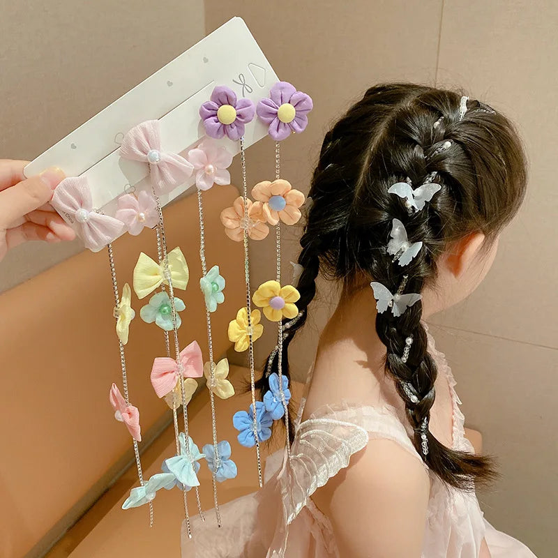Girl's Colorful Bowknot Flower Braided Hair Chain Hair Clips Accessories Pearl Butterfly Tassel Hairpin for Children