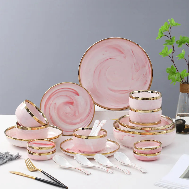 Nordic Marble Gold Edge Ceramic Dinner Plates Pink Bowl&plate Sets Dish Luxury Golden Rim Porcelain Tableware Dinnerware