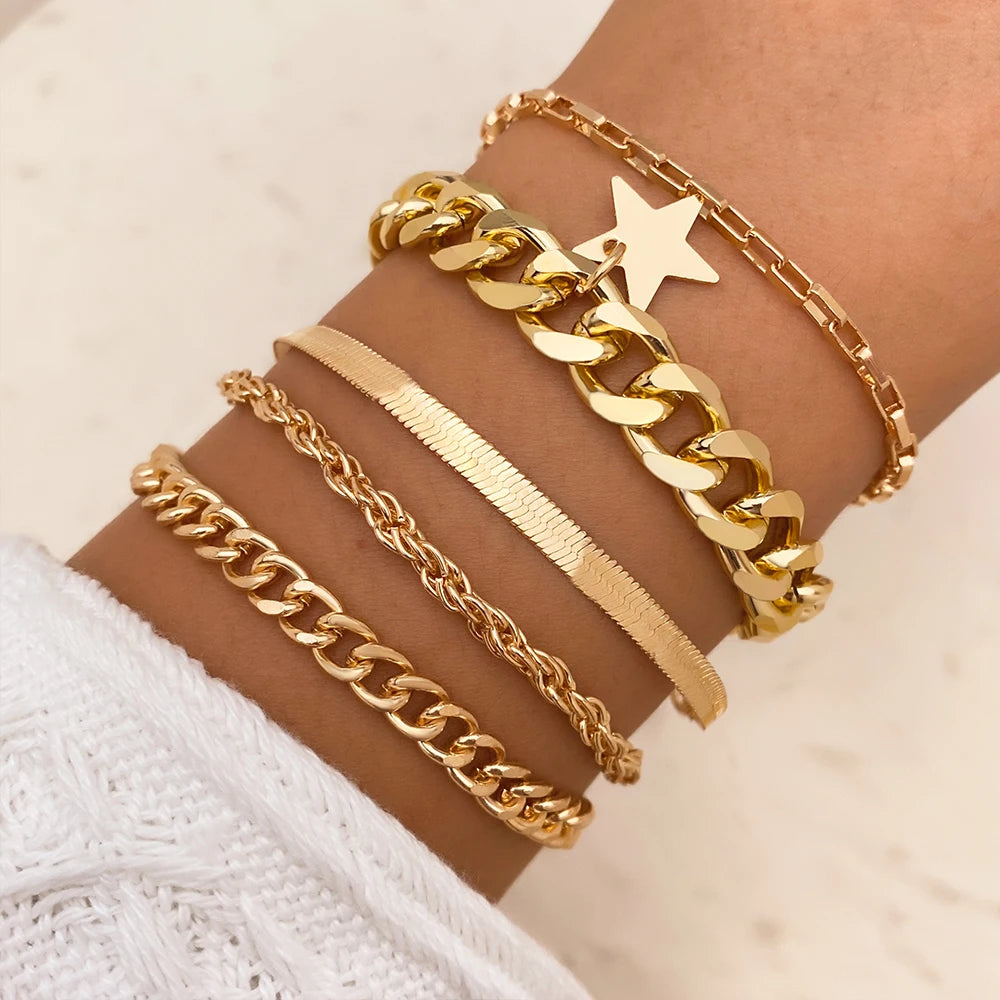 VKME Women Fashion Jewelry Star Pendant Gold Plated Cuban Chain Trend Bracelet Set