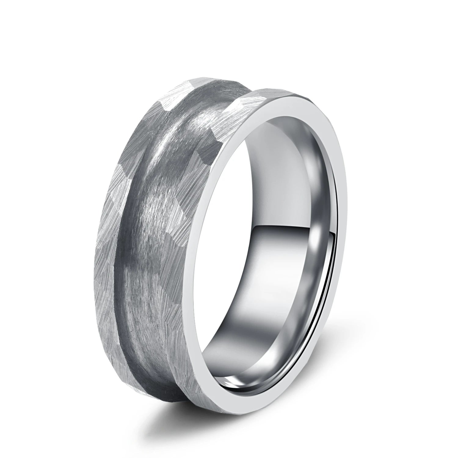 Poya Mens 8mm Single Channel Inlay Hammered Tungsten Ring Blank