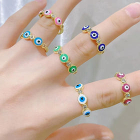 Wholesale Trendy Bling Micro Pave CZ Zircon Diamond Drop Oil Turkish Blue Evil Eyes Rings Open Adjustable