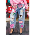 New Arrival Stylish Graphic Print Ripped Rhinestone Jeans Women's Denim with Edgy and Glamorous Design