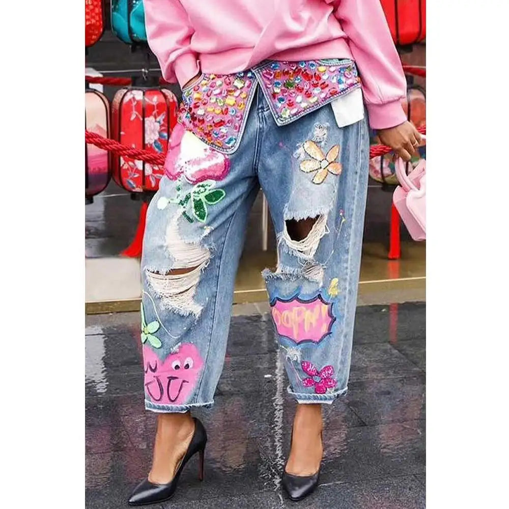 New Arrival Stylish Graphic Print Ripped Rhinestone Jeans Women's Denim with Edgy and Glamorous Design