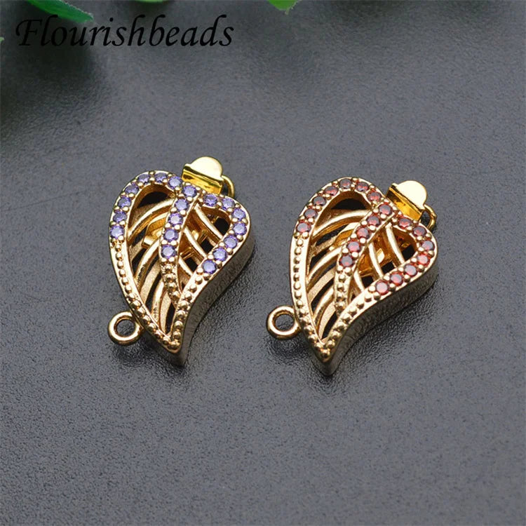 Unique Design Nickel Free Color Remain 18K Gold Plated Red Purple CZ Pave Leaf Box Clasps for Bracelet Connectors Making
