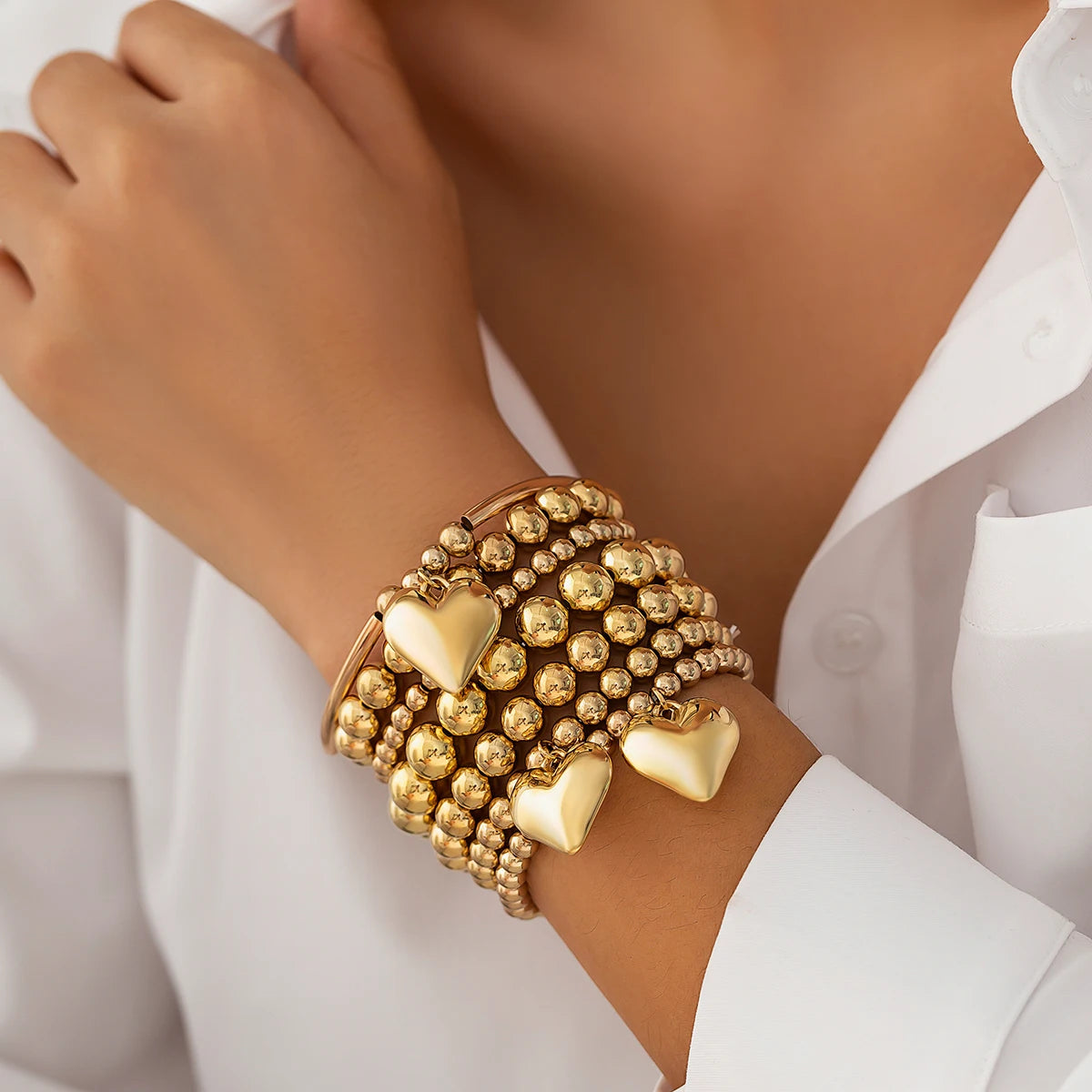 7Pcs/Set INS CCB Beaded Stacked Heart Bracelet for Women Fashion Lady Street Statement Bracelet on Wrist Accessories Party Gifts