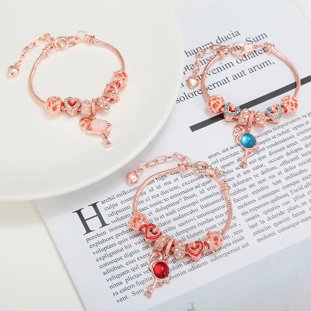 Fashion Luxury  Flamingo Pendant Love Big Hole Bead Charm Bracelets Rose Gold Jewelry  for Women Girls