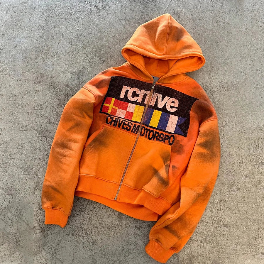 OEM Custom 400GSM Cotton Fleece Hoodie Dtg Print Logo Zip up Hoodies Men Oversized Dirty Acid Washed Zipper Hoodie