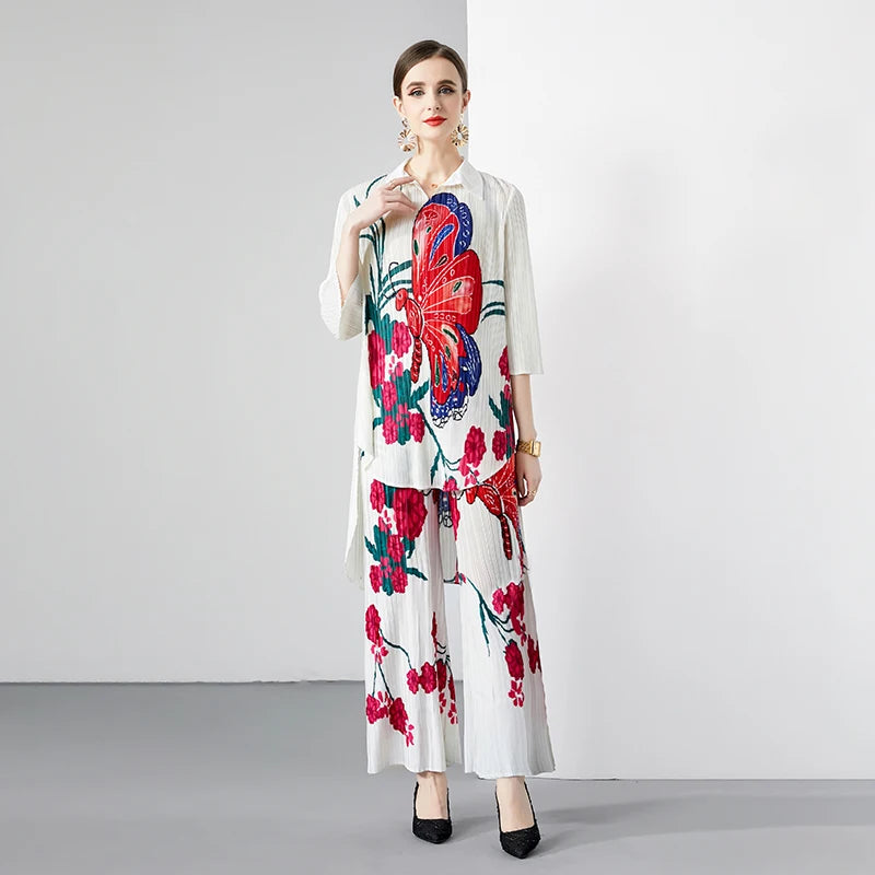 Pleated Long Sleeve Women Tops Ladies and High Wais Wide Pants Original Design Causal Clothing Women Two Piece Sets