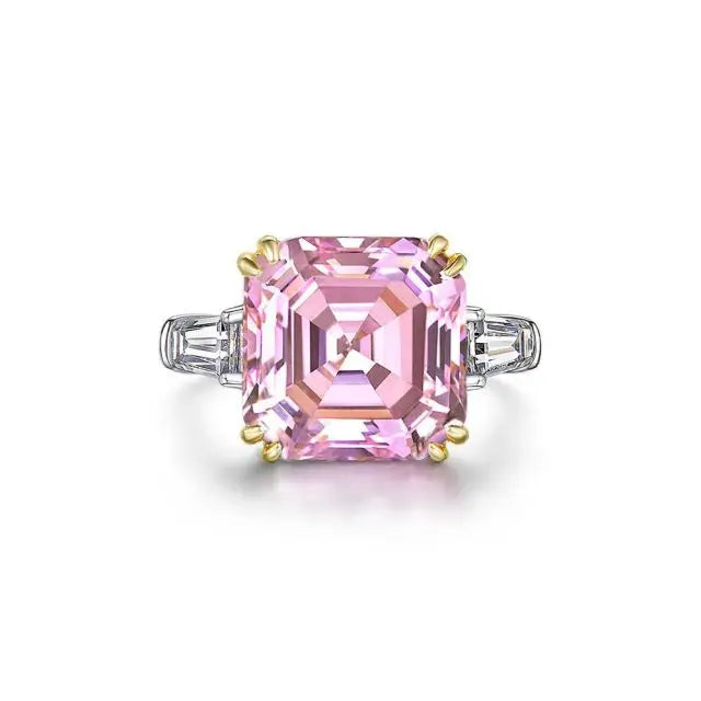 S925 Silver Pink Colored Gemstone Ring Simulation Princess Square Diamond Rings Ladies