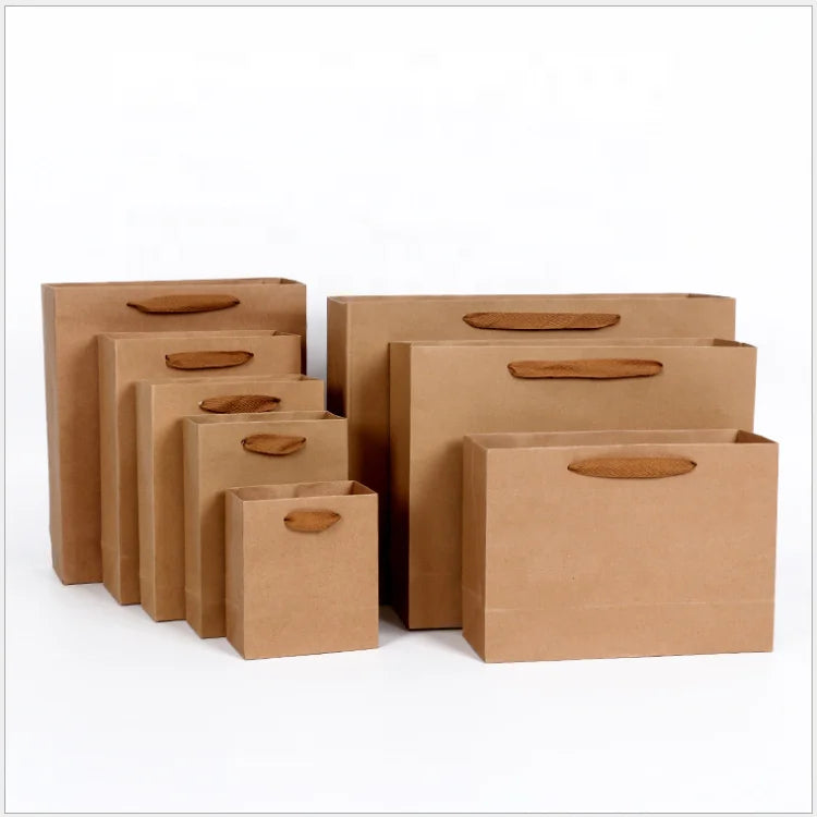 Custom Printed Logo Brown Bolsa De Papel Recycled Kraft Paper Shopping Bag with Handle for Gift Retail Clothing Store Packaging