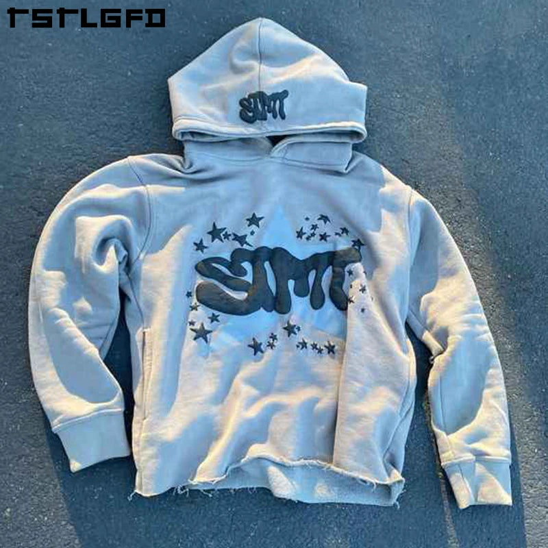 100% Cotton Rhinestone Streetwear Heavy Weight Men Hoodie No String Manufacturer Custom Raw Hem 3d Puff Printing Hoodie
