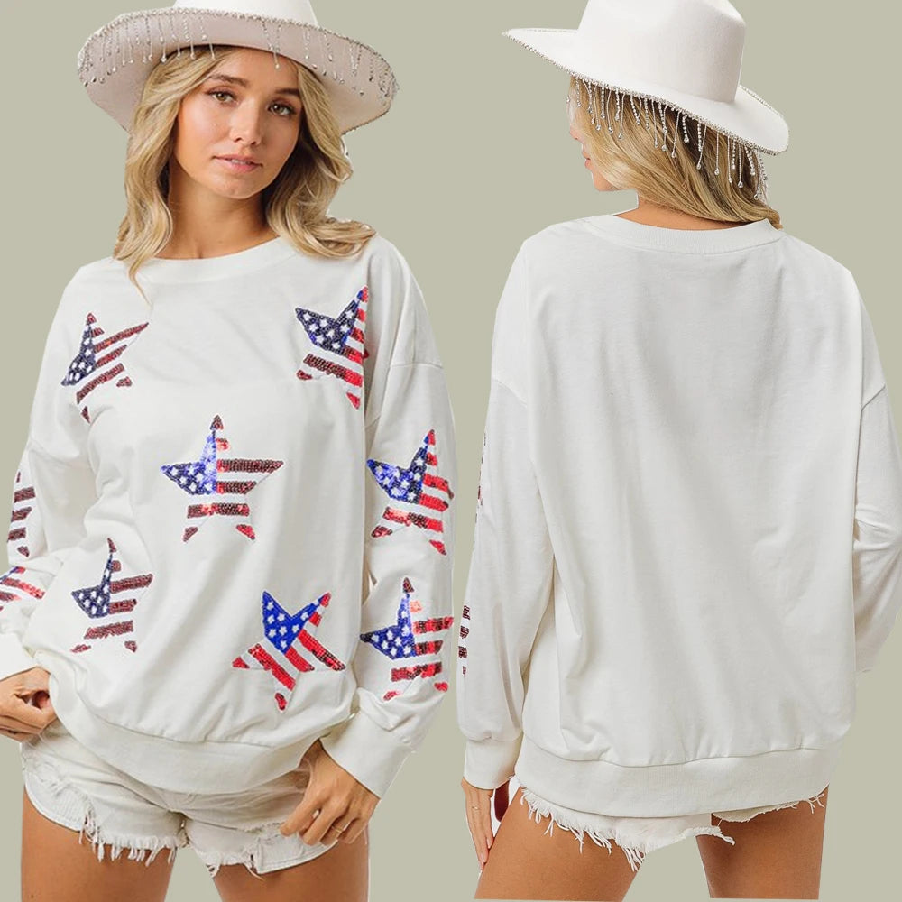 Spring 2024 Independence Day Beaded Sweatshirt Round Neck Pullover Long Sleeve Top