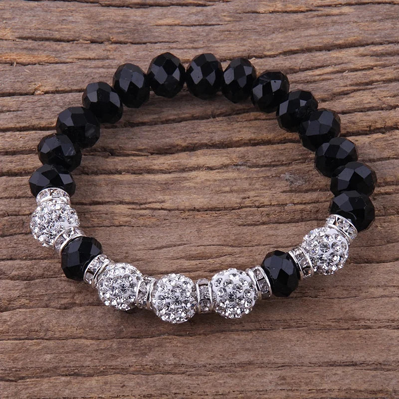 Fashion 10mm Women White Crystal Pave Ball Bracelets Multicolor Black Crystal Glass Elasticity Beads Bracelets