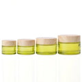 In Stock 10g 15g 30g 50g Fruit Green Glass Cream Jar/container With Wood Grain Cap for Eye/face Cream