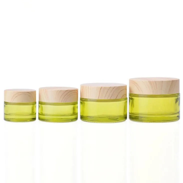 In Stock 10g 15g 30g 50g Fruit Green Glass Cream Jar/container With Wood Grain Cap for Eye/face Cream