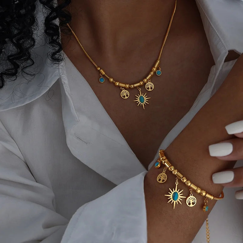 Delicate Waterproof 18K Gold Plated Stainless Steel Beaded Jewelry Tassel North Star Natural Turquoise Jewelry Sets for Women