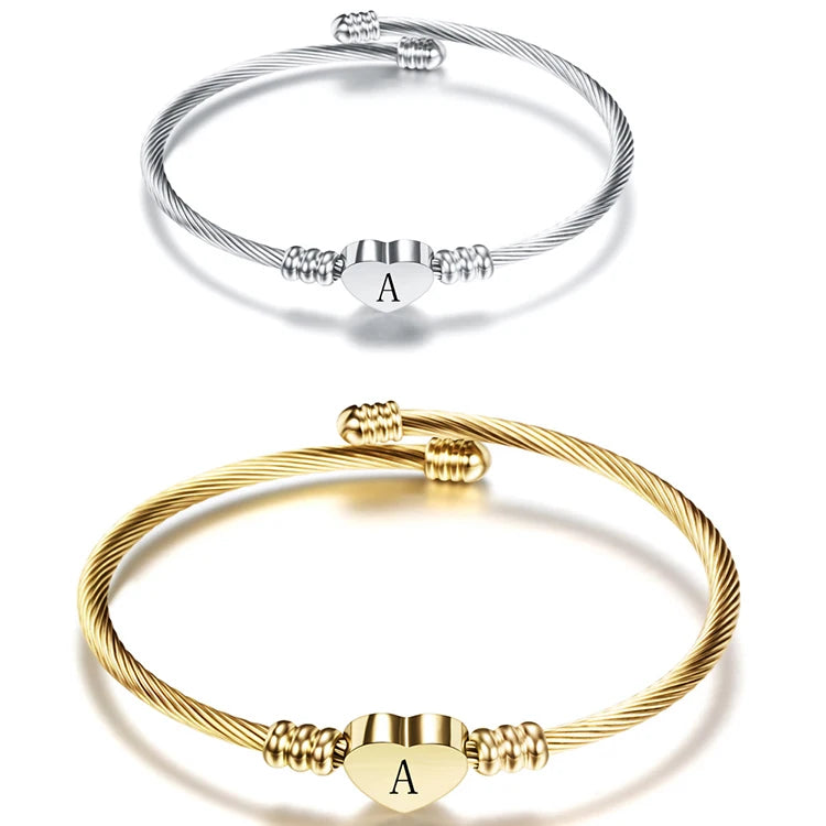 K063 Fashion Jewelry Stainless Steel 26 Initial Letters Bracelets Open Bangle Adjustable Heart Shape Charm Bracelet for Women