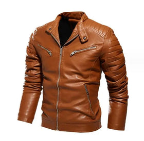 New Causal Vintage Leather Jacket Thick Fur Lined Coat Men Winter Outfit Design Motor Biker Pocket PU Leather Jacket