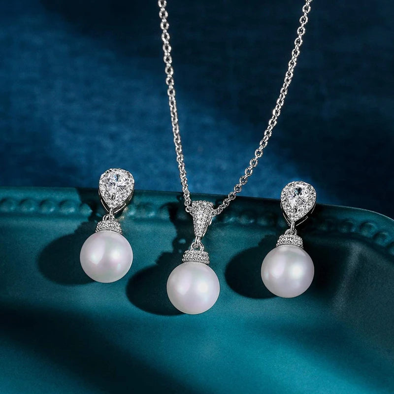 Weiman Cubic Zirconia Shell Pearl Necklace and Drop Earrings Set for Wedding Bride and Bridesmaids for Engagement Ceremonies