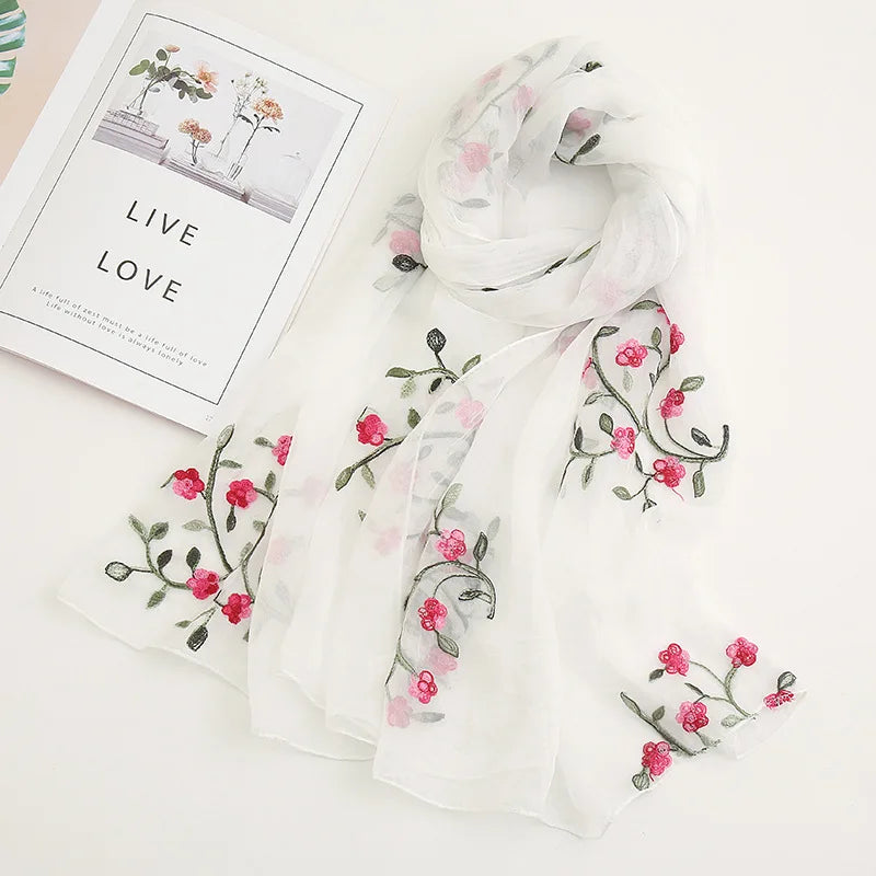 Women Summer Chiffon  Scarf Embroidery Sunscreen Shawl Adult Long Embroidered Flower Pattern  Scarves