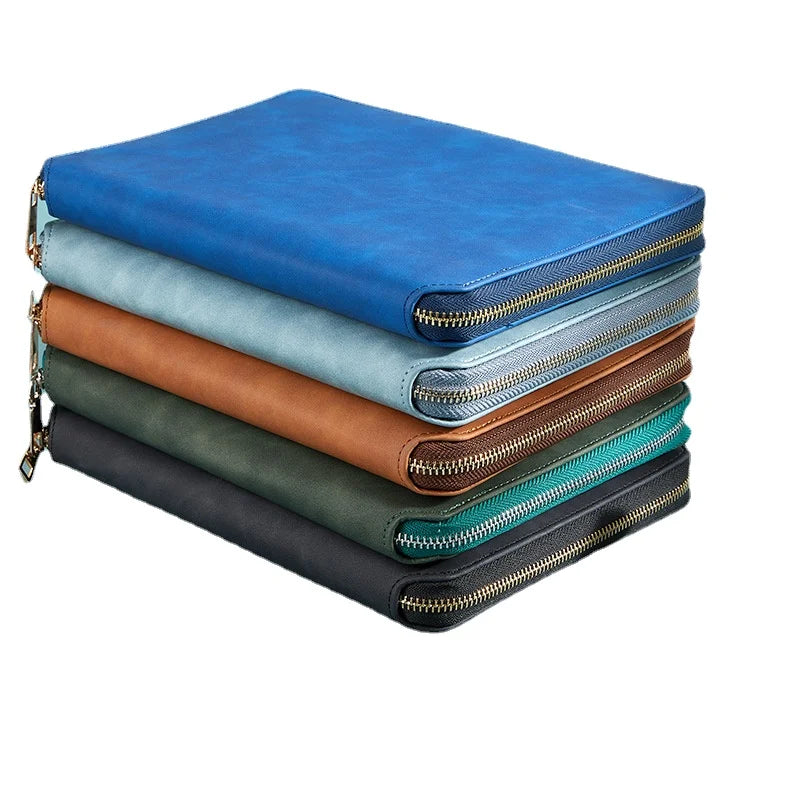 Fine Faux PU Leather Zipper Notebook 6 Rings Loose-leaf Binder Spiral Notebook Retro A5 Notebook