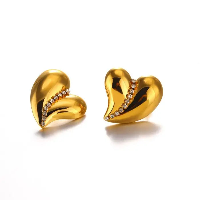New Fashion Stainless Steel Gold Plated Crystal Rhinestone Heart Drop Stud Earrings Ring Set Statement Jewelry