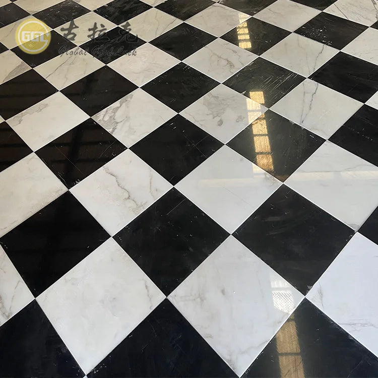 Custom Cut Size Polished Waterproof Calacatta White Mix Nero Black Marble Modern Floor Tiles for Villa Apartment Bathroom