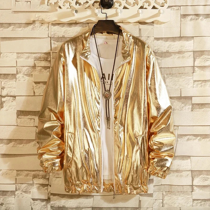 Mens Windbreaker Jackets Nightclub Stage Singer Costume Streetwear Harajuku Hip Hop Jacket Gold Silver Fashion Autumn Men Solid