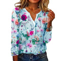 RNSHANGER Flower Printed Long Sleeved T-shirt Women's Loose Elegant Tee Tops V-neck Office Lady Vacation Casual Sweet T Shirts