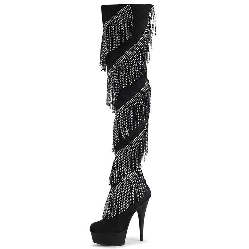 6 Inch High Heel Boots Stripper Big Size 15cm Thin Heels Platform Tassels Rhinestones Stage Show Party Women Over-the-knee Boots