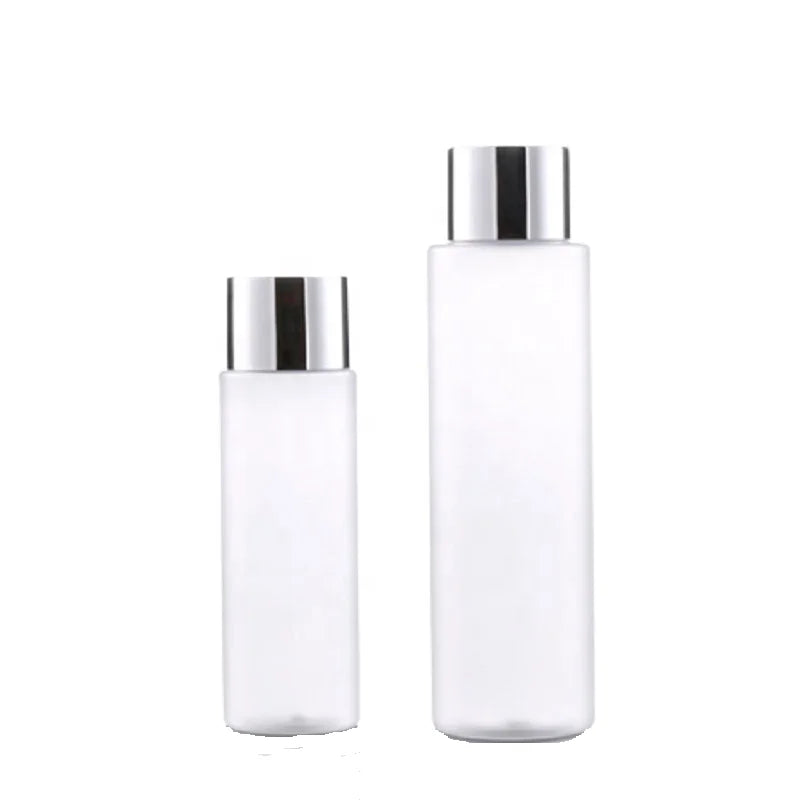 100ml 200ml Frosted Hydrolat Liquid Bottle Silver Top Flat Shoulder Skincare Face Water Toner PET Plastic Bottle with Screw Cap