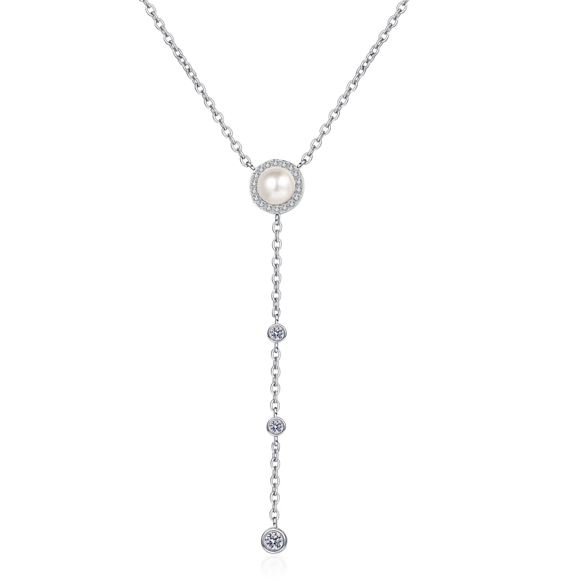 925 Sterling Silver Moissanite Natural Freshwater Pearl Pendant Necklace Premium Classic Style for Wedding Engagement or Gift