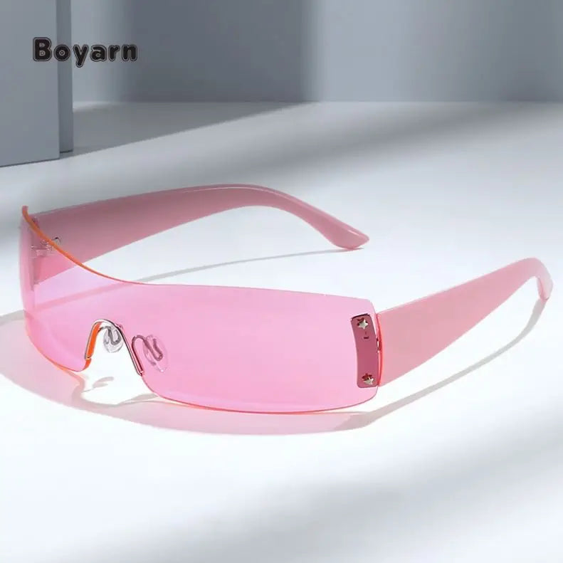 Boyarn Y2k Punk Rimless Luxury Brand Women Sun Glasses UV400 Custom Logo Men Vintage One Piece Fashion Sunglasses Gafas De Sol