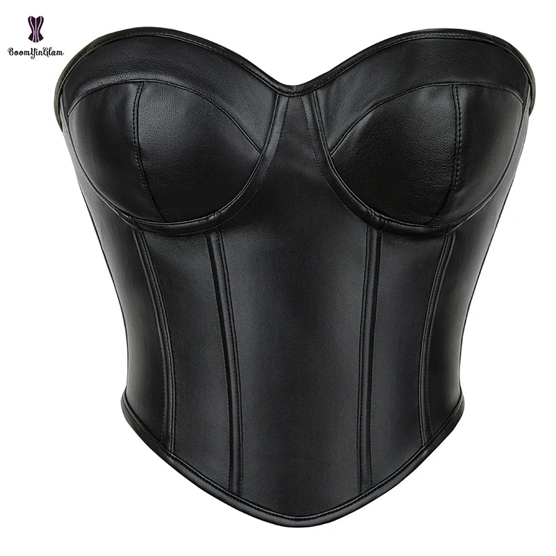 Solid Black Strapless Padded Bra Shapewear Plus Size Underwear Women's Intimate Clothing Genuine Leather Bustier Crop Top