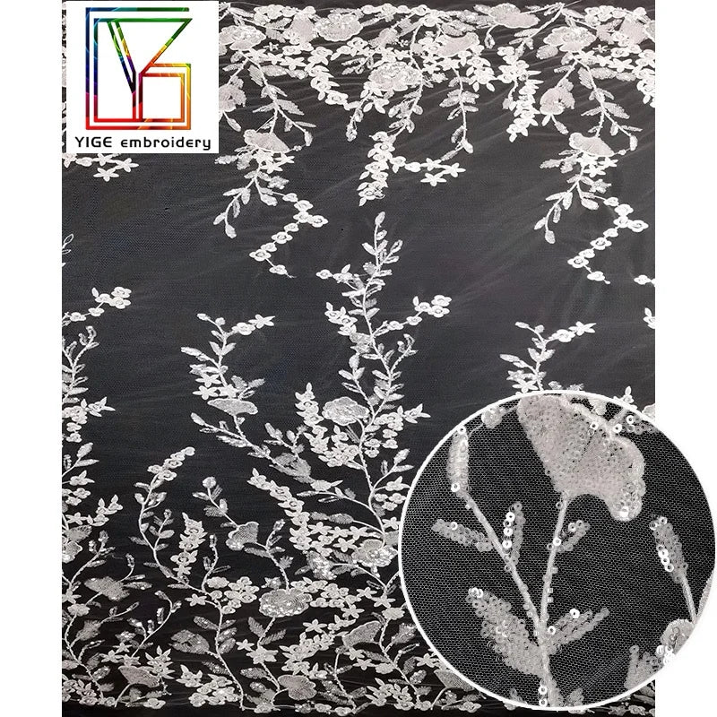 Wholesale Unusual Tulle Mesh Embroidered Sequins Bead Knit Elegant for Women White Embroidery Wedding Lace Fabric