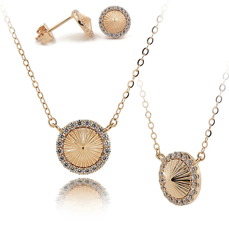 18K Real Gold Circle Charm Necklace Fashion Genuine Gold 18K Rose Gold Necklaces Earrings