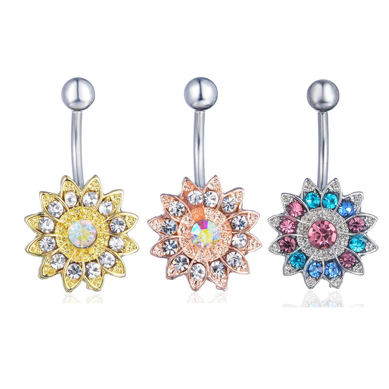 Fashion Piercing Jewelry Sunflower Navel Ring Dainty Hypoallergenic Stainless Steel Rhinestone Flower Belly Button Rings Women