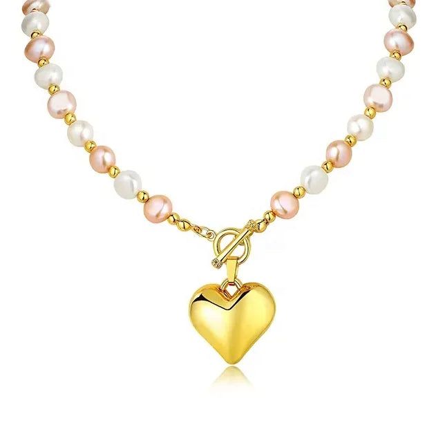 Brass Plated 18k Gold Love Heart Shaped Pendant Natural Baroque Pearl Necklace Fashion Jewelry Custom