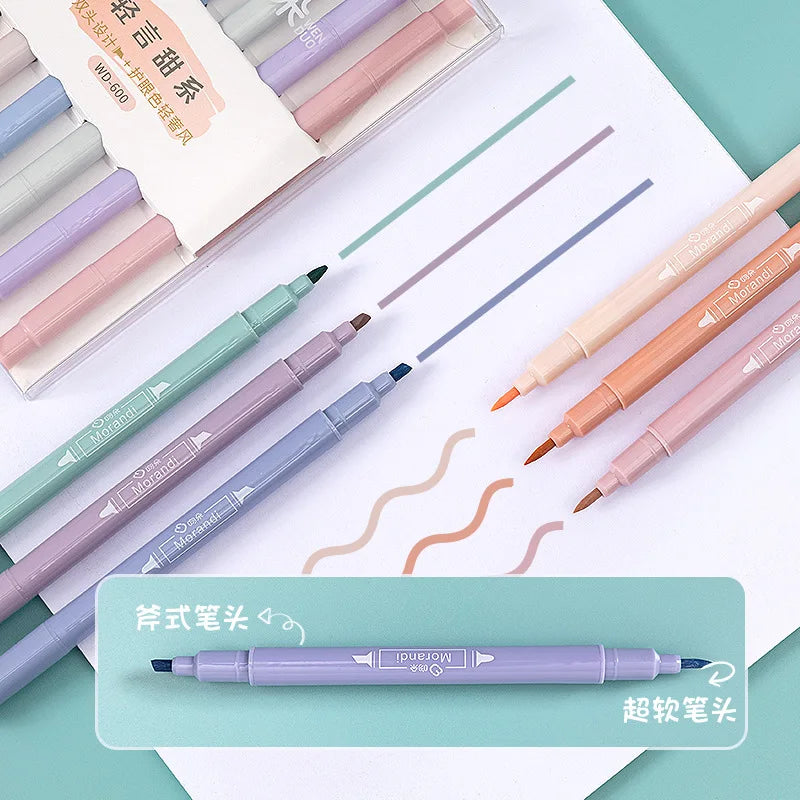 Korean Creativity 6-Color Double-Headed Highlighter Pen Set Oblique Brush Tip for Students and Markers Stationery Color Pen