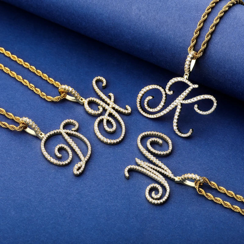 Custom Personalized Cursive Letters English Letters A-Z Pendant& Necklace Hip Hop Cubic Zircon Charm Jewelry Men Women Gifts