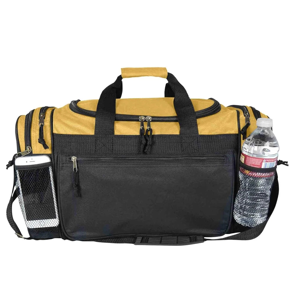 Black and Yellow Large Personalized Equipment Duffle Bags for Sports With Water Bottle Holder and Mesh Pocket